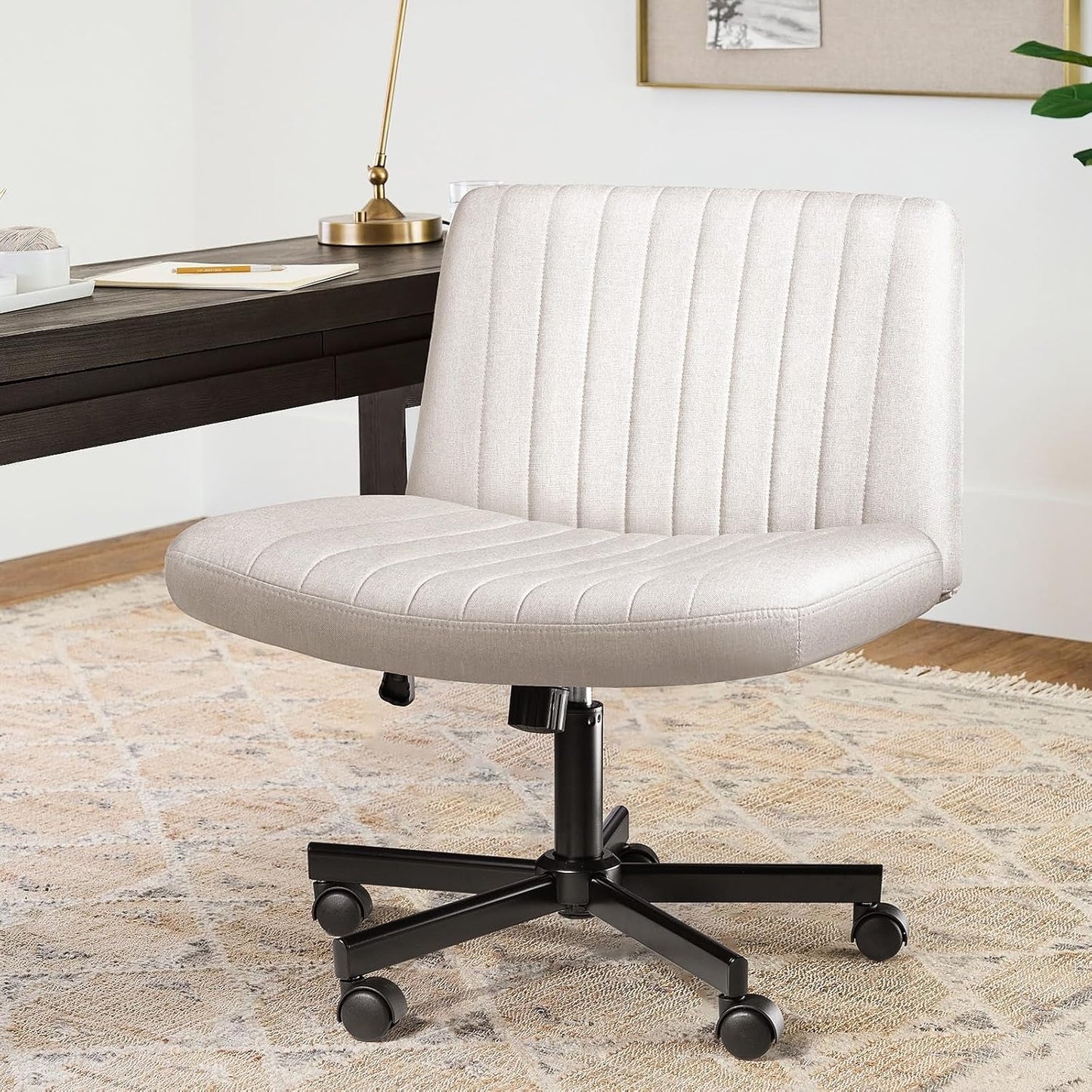 Armless Chair with Wheels, Armless Wide Cross Legged Office Desk Chairs, Fabric Rocking Swivel Computer Task Vanity Makeup Chair for Home Office