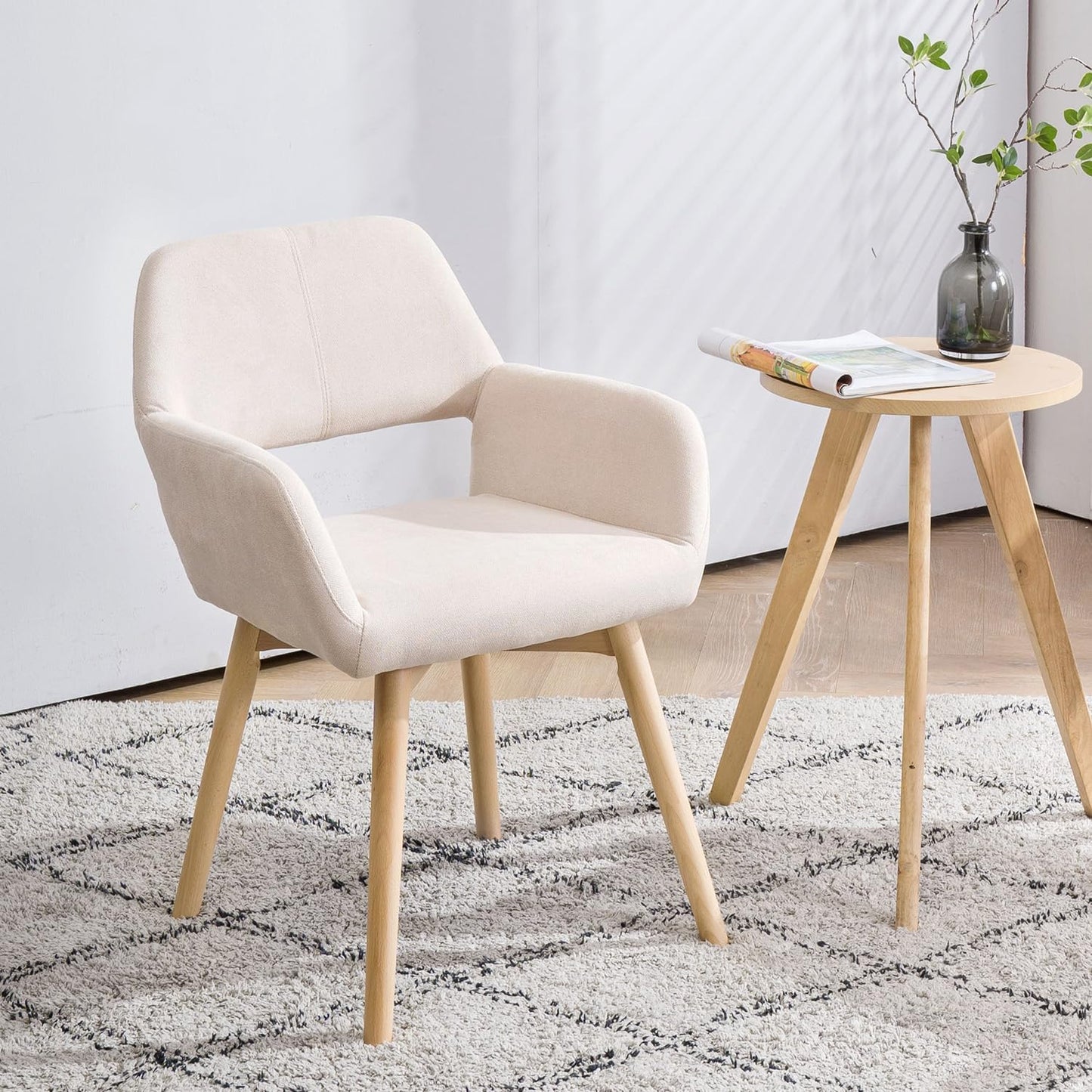 Mid Century Modern Dining Chairs Set of 2 Comfy Accent Chair Upholstered Kitchen Dining Living Room Chairs for Bedrooms Waiting Room Home Arm Desk Chair No Wheels (Beige, 2)