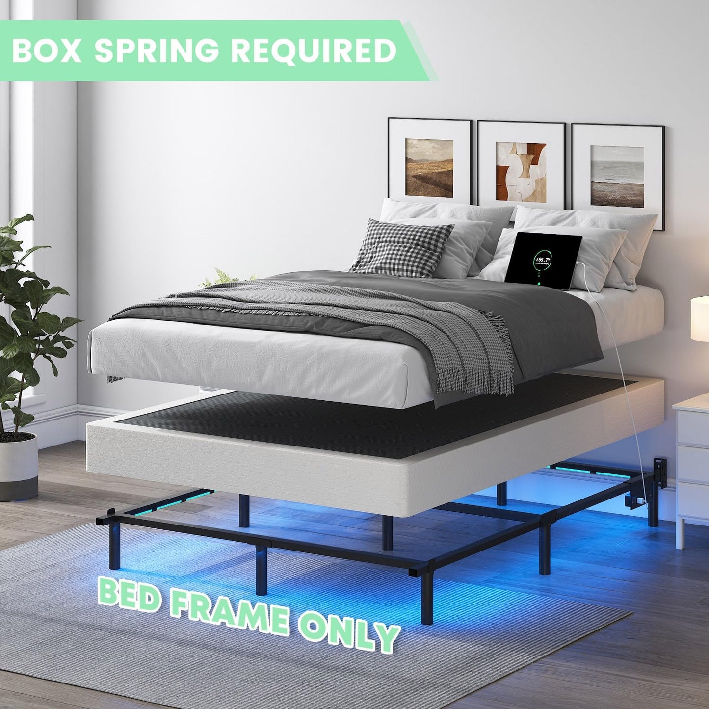 Queen Bed Frame for Box Spring, 7 Inch Metal Bed Frame with LED Lights, 9-Legs Support Bed Base, Tool-Free Easy Assembly