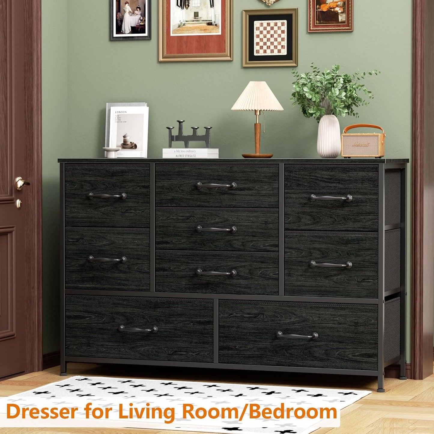 Black Bedroom Dresser for 55" Long TV Stand, 9-Drawer Bedroom Storage Cabinet
