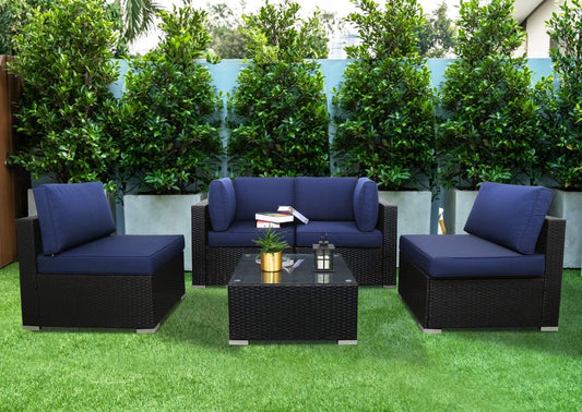 5pcs Outdoor Patio Furniture Set,Wicker Sofa Chairs PE Rattan Thick Cushions Couch with Tea Table and Washable Cushion（Dark Blue）
