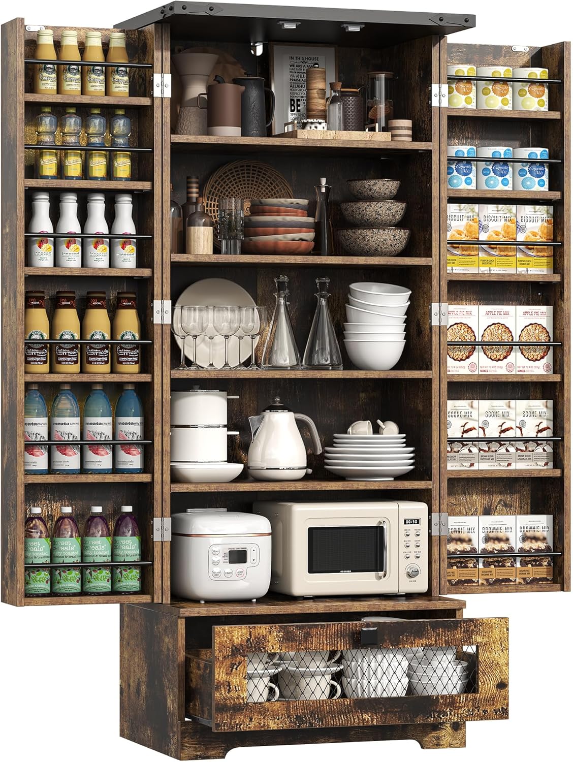 Pantry Cabinet with Adjustable Shelves and Drawer, Kitchen Cabinet Buffet Cupboards Storage for Home Office