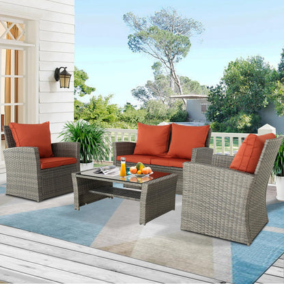 4-Piece Outdoor Rattan Patio Furniture Set Wicker Chairs Table w/ Cushions