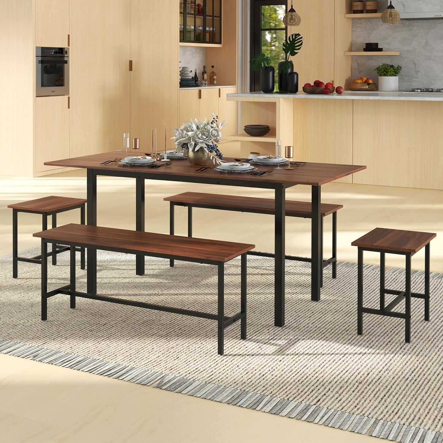 Dining Table Set for 4-6, 5-Piece Kitchen Table Chairs Set, 63” Extendable Table with 2 Benches, 2 Stools, Dinette Table Set, Breakfast Nook Table Set, Dining Room Table Set