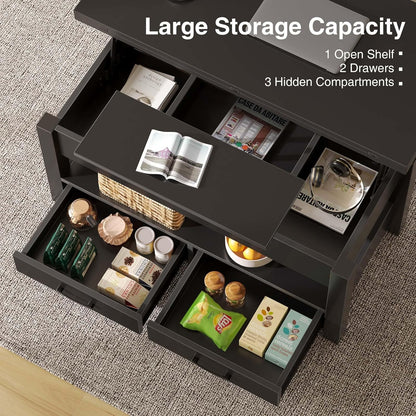 Coffee Table Lift Top, Multi-Function Convertible Coffee Table with Drawers and Hidden Compartment, Converts to Dining Table for Living Room, Home Office,Black