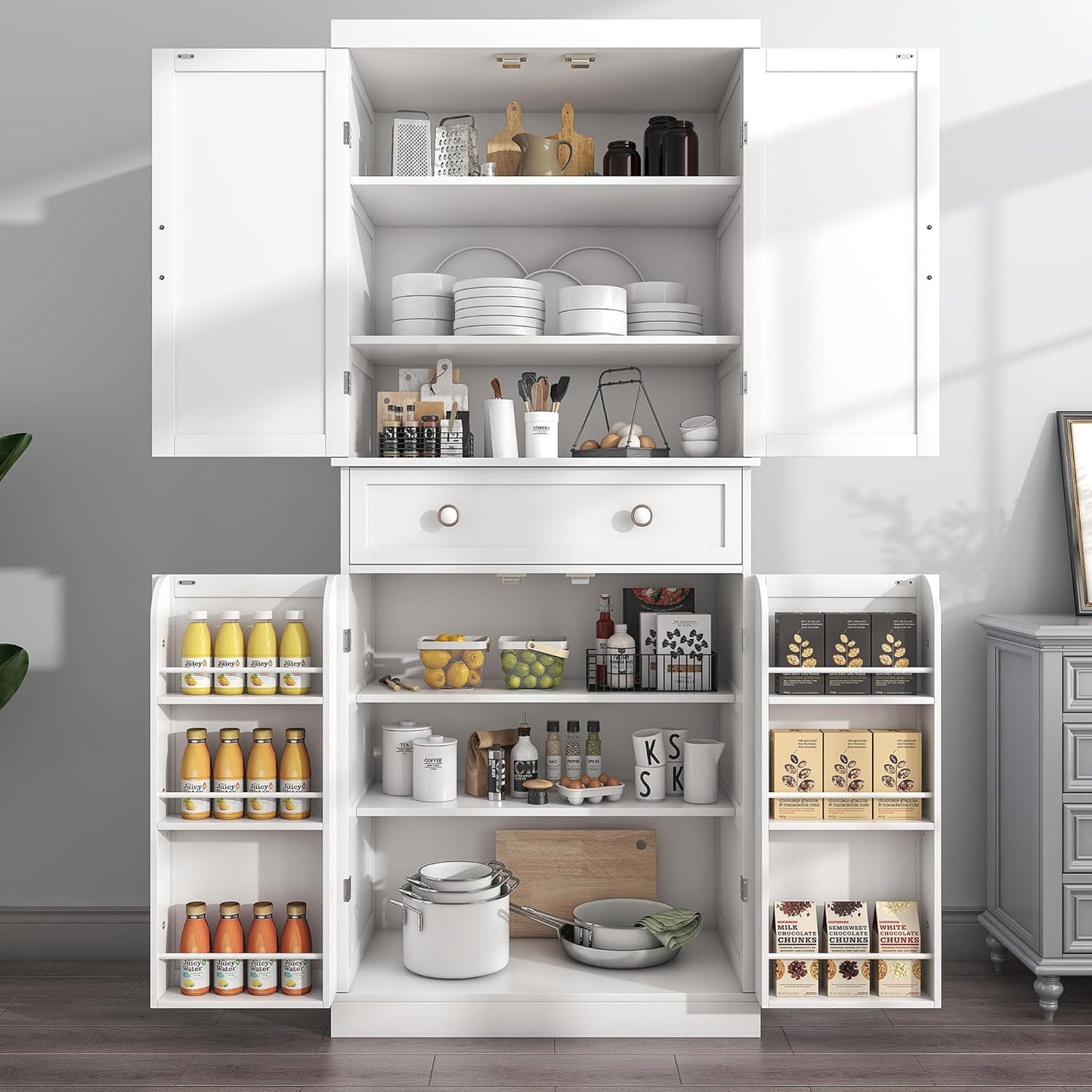 72“ Kitchen Pantry Cabinet White, Tall Pantry Storage Cabinet with Adjustable Shelves and Drawer, Kitchen Buffet Cupboards Sideboard for Home Office Use (16" D x 30" W x 72" H)
