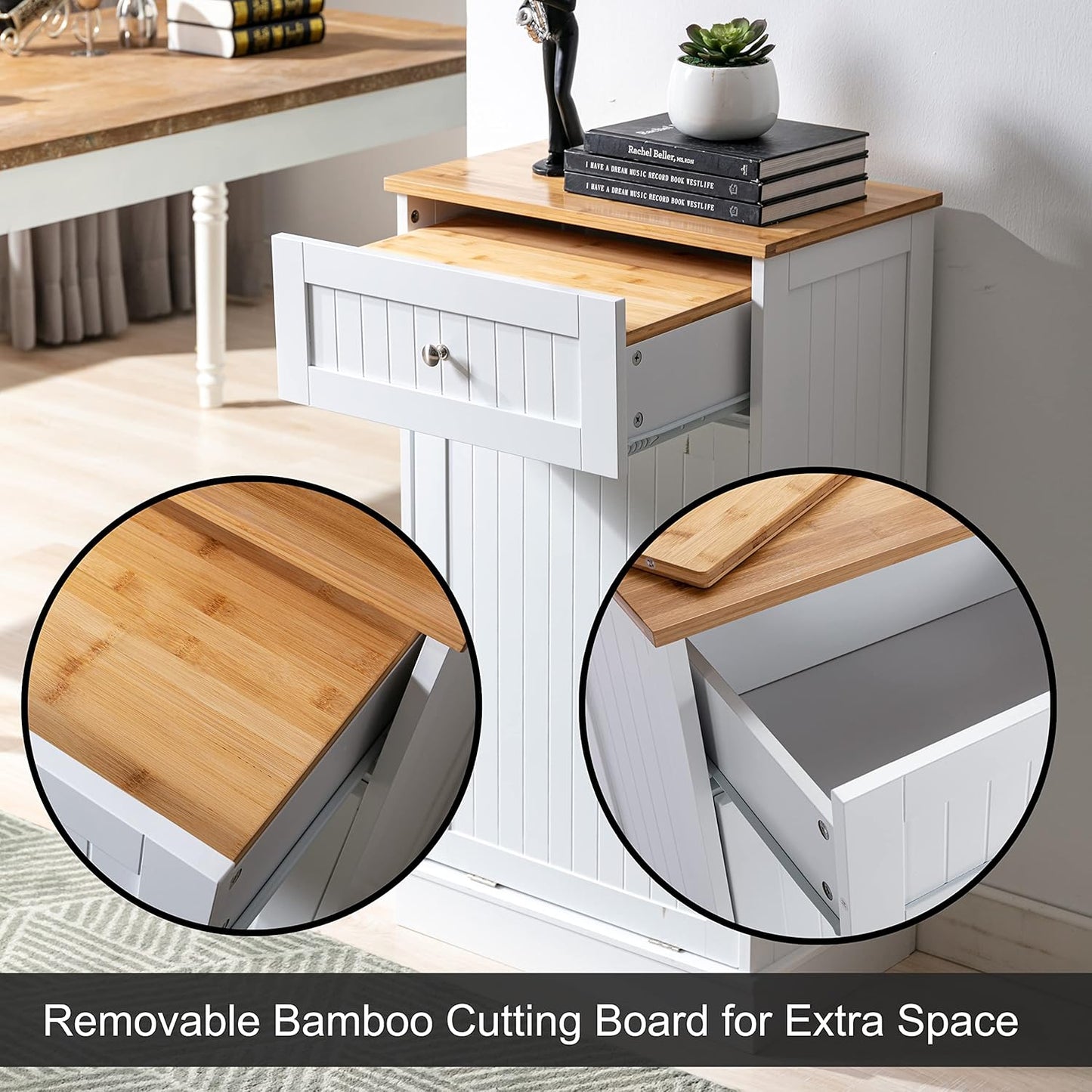 Trash Cabinet Tilt Out Freestanding, Pet Proof Kitchen Trash Cabinet Laundry Hamper with Cutting Board, Wood Garbage Recycling Station Hideaway Trash Holder Drawers (1, White)