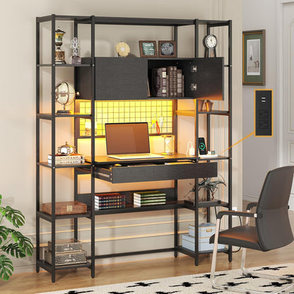 5 Tiers Black Bookshelf with Home Office Desk and RGB Lights and Power Outlet, 71.1" Tall Book Shelf with Drawer & Storage Cabinet & 12 Storage Shelves, Large Bookcase with 2 Doors, Black