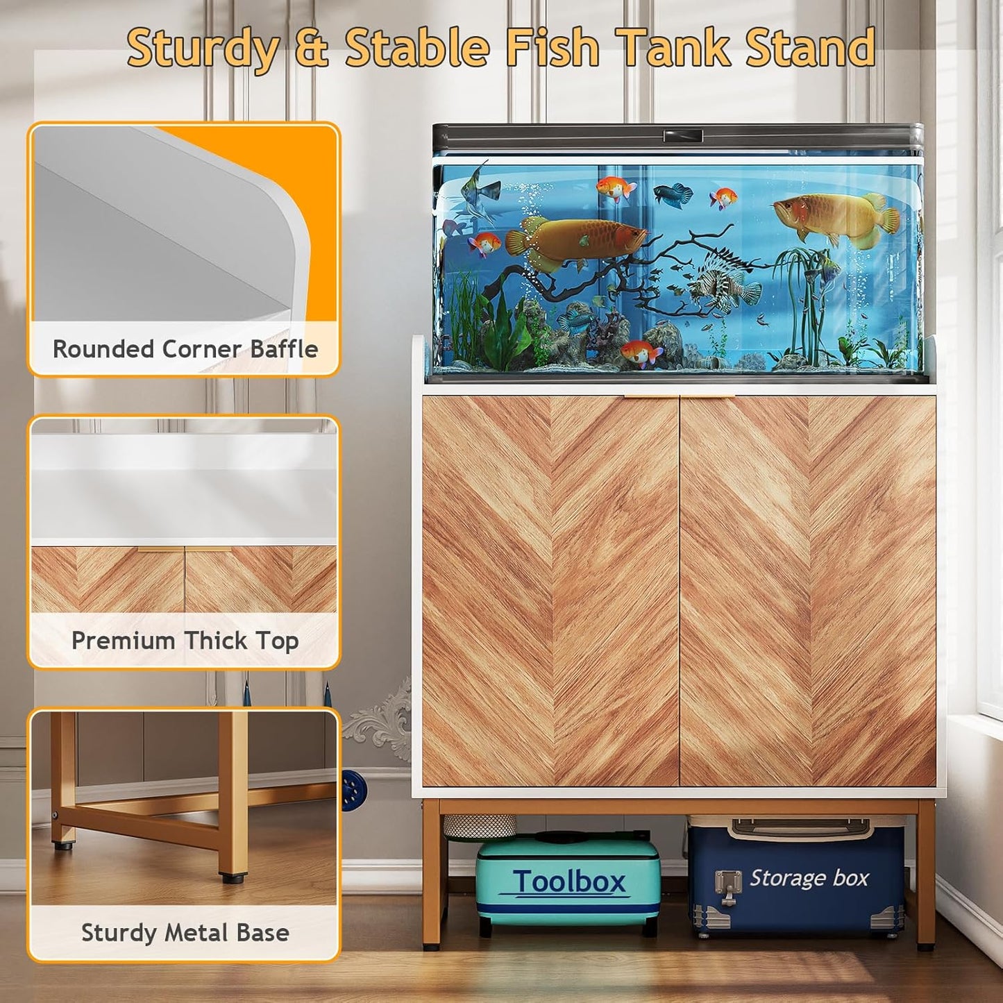 29 Gallon Fish Tank Stand, Small Aquarium Stand 20 Gallon with Doors & Adjustable Shelves, Boho Sideboard Coffee Bar Cart, Kitchen Cupboard Console Table, 30.5" L×15.7" W×35" H, White/Gold