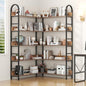 L Shaped Corner Bookcase and Bookshelves, 5-Tier Tall Open Shelf Etagere Bookcase, Wood and Metal Large Library Industrial Bookcases Display Rack for Living Room Home Office,Black+Brown