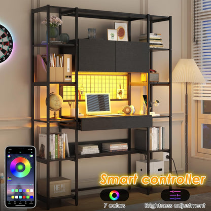 5 Tiers Black Bookshelf with Home Office Desk and RGB Lights and Power Outlet, 71.1" Tall Book Shelf with Drawer & Storage Cabinet & 12 Storage Shelves, Large Bookcase with 2 Doors, Black