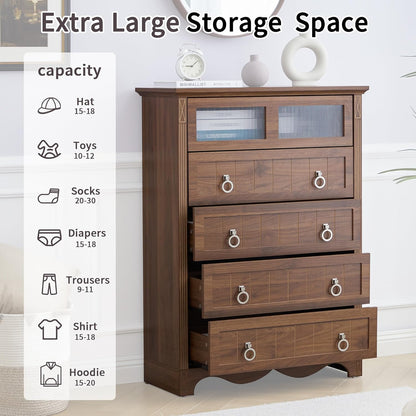 Vintage Style Wooden Chest of Drawers Storage Cabinet with Metal Ring Handles