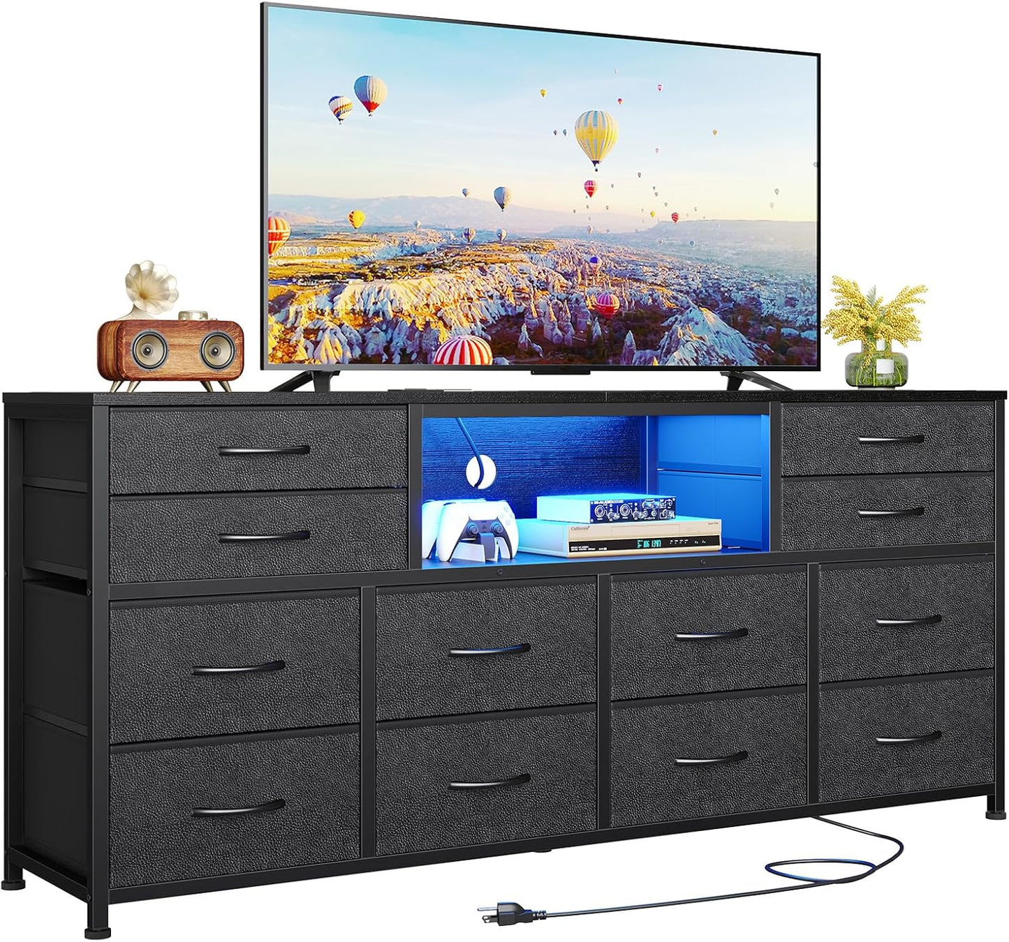 LED TV Stand Dresser for Bedroom with Power Outlets, 55 inch Entertainment Center with 12 Drawers, Media Console Table for 32/45/55/65 inch TVs, Chest of Drawers for Bedroom, PU Black