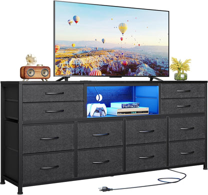 LED TV Stand Dresser for Bedroom with Power Outlets, 55 inch Entertainment Center with 12 Drawers, Media Console Table for 32/45/55/65 inch TVs, Chest of Drawers for Bedroom, PU Black