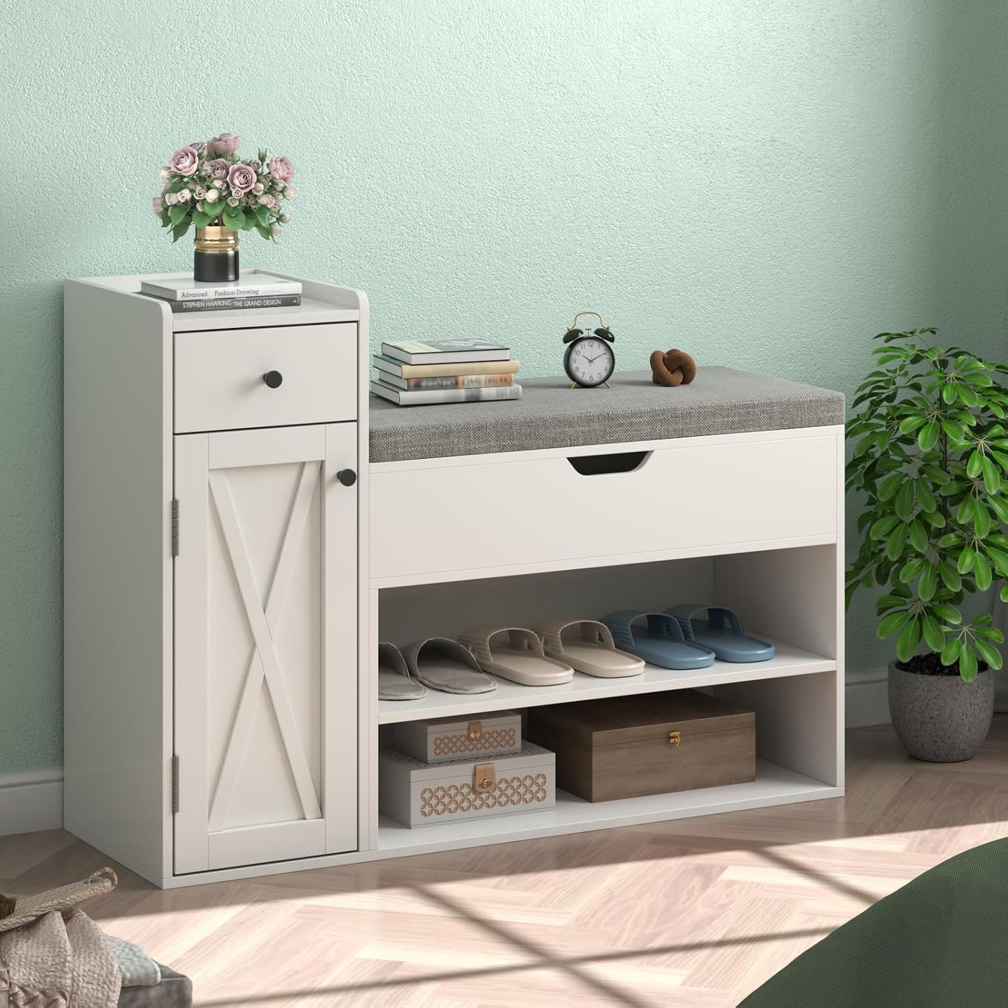 Shoe Storage Bench, 2-Tier Farmhouse Entryway Bench with Lift Top Storage Box, Drawer & Soft Removable Seat Cushion, Silm Shoe Rack with Shoe Cabinet for Entryway, Hallway, Bedroom, White