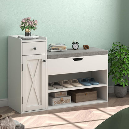 Shoe Storage Bench, 2-Tier Farmhouse Entryway Bench with Lift Top Storage Box, Drawer & Soft Removable Seat Cushion, Silm Shoe Rack with Shoe Cabinet for Entryway, Hallway, Bedroom, White
