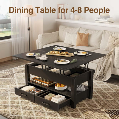 Coffee Table Lift Top, Multi-Function Convertible Coffee Table with Drawers and Hidden Compartment, Converts to Dining Table for Living Room, Home Office,Black