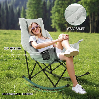 Oversized Rocking Camping Chair, Luxury Padded Recliner,Oversized Folding Lawn Chair with Pocket and Carry Bag,Outdoor Camp Rocker Chairs for Adults Heavy Duty 300 LBS (Grey)