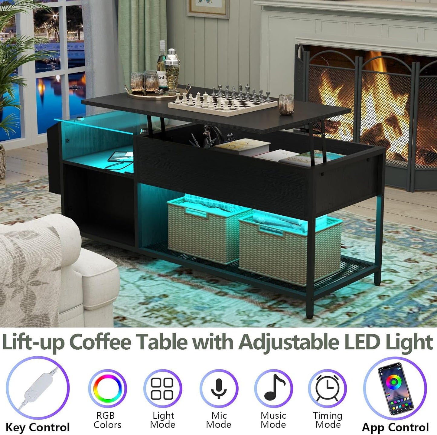 Lift Top Coffee Table with LED Light & Power Outlet, Retro Coffee Tables with Storage Drawers Hidden Compartment, Centre Table with Tempered Glass Top, Side Bag for Living Room (Black)