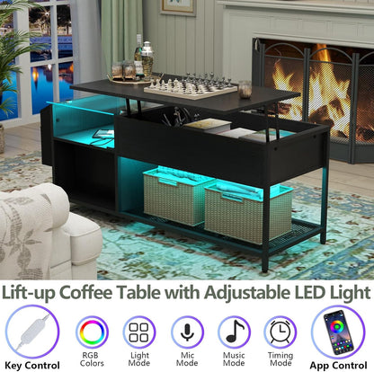 Lift Top Coffee Table with LED Light & Power Outlet, Retro Coffee Tables with Storage Drawers Hidden Compartment, Centre Table with Tempered Glass Top, Side Bag for Living Room (Black)