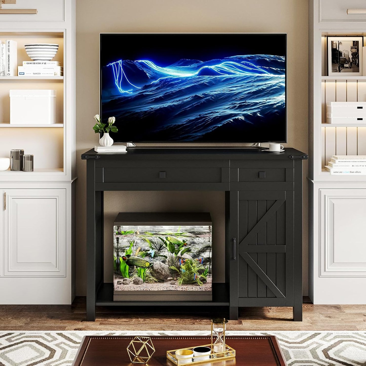 40 Gallon Aquarium Stand With Charging Station, Farmhouse Fish Tank Stand, Reptile Tank Stand Terrarium Stand with Drawer and Cabinet Storage, Sturdy Heavy Duty 41.9"×18.3" Tabletop - Black