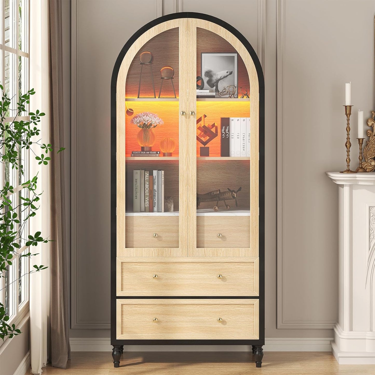 73 Inch Tall Arched Cabinet with Doors, Arched Storage Cabinet, Black-Oak Kitchen Pantry, LED Lighted Display Case, Boho Arch Bookshelf for Kitchen Dining Room Living Room, Black