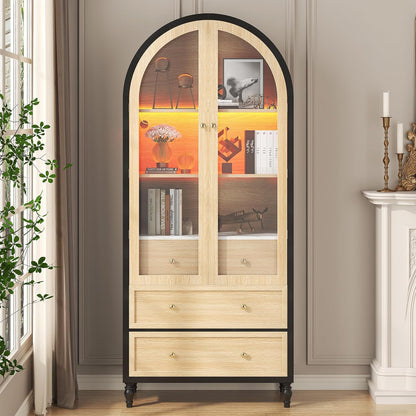 73 Inch Tall Arched Cabinet with Doors, Arched Storage Cabinet, Black-Oak Kitchen Pantry, LED Lighted Display Case, Boho Arch Bookshelf for Kitchen Dining Room Living Room, Black