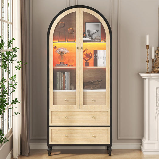 73 Inch Tall Arched Cabinet with Doors, Arched Storage Cabinet, Black-Oak Kitchen Pantry, LED Lighted Display Case, Boho Arch Bookshelf for Kitchen Dining Room Living Room, Black