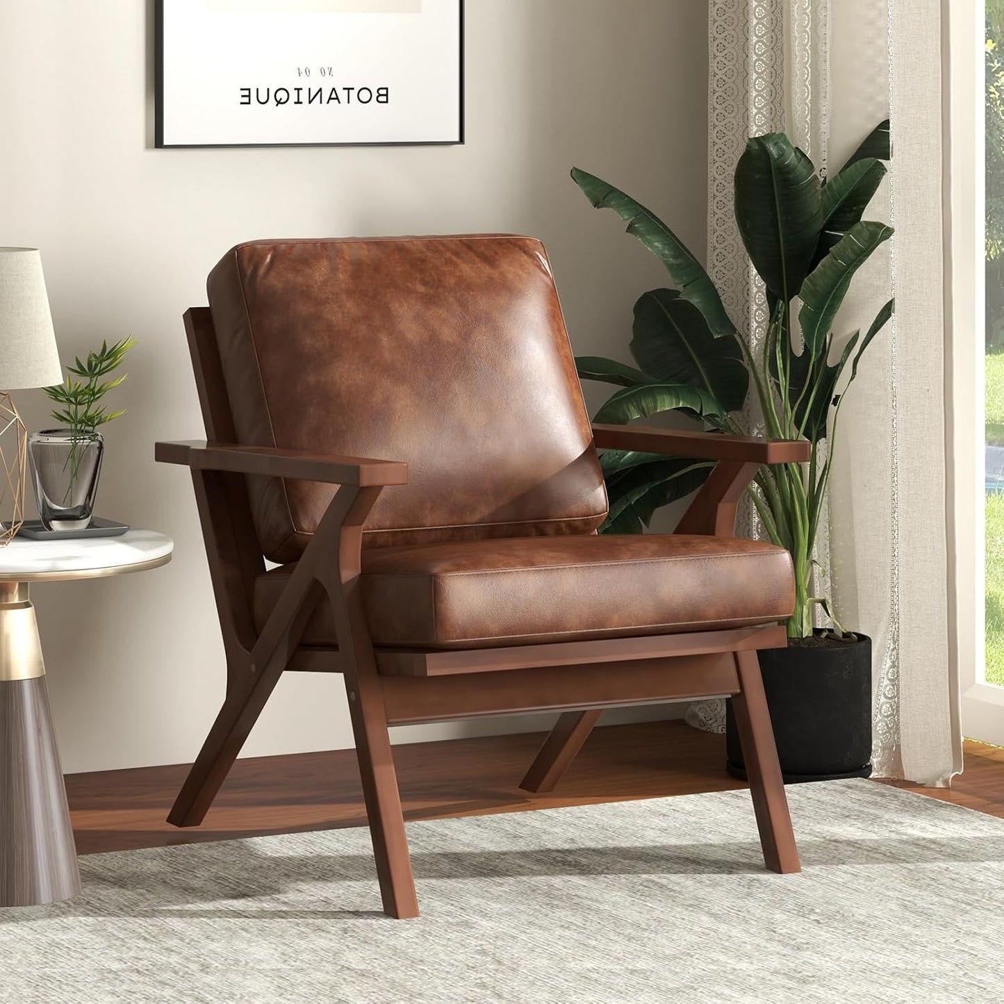 Mid-Century Modern Accent Chair for Living Room, Comfy Upholstered Faux Leather Armchair, Retro Leisure Reading Nook Chair with Wooden Frame, Brown