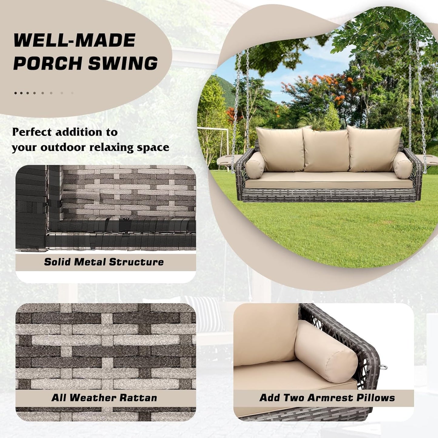 3 Person Porch Swing Patio Wicker Hanging Porch Swing Chair Outdoor Rattan Swing Bench with Cushion and Pillow for Garden, Yard, Lawn (Gray Rattan Khaki Cushion)