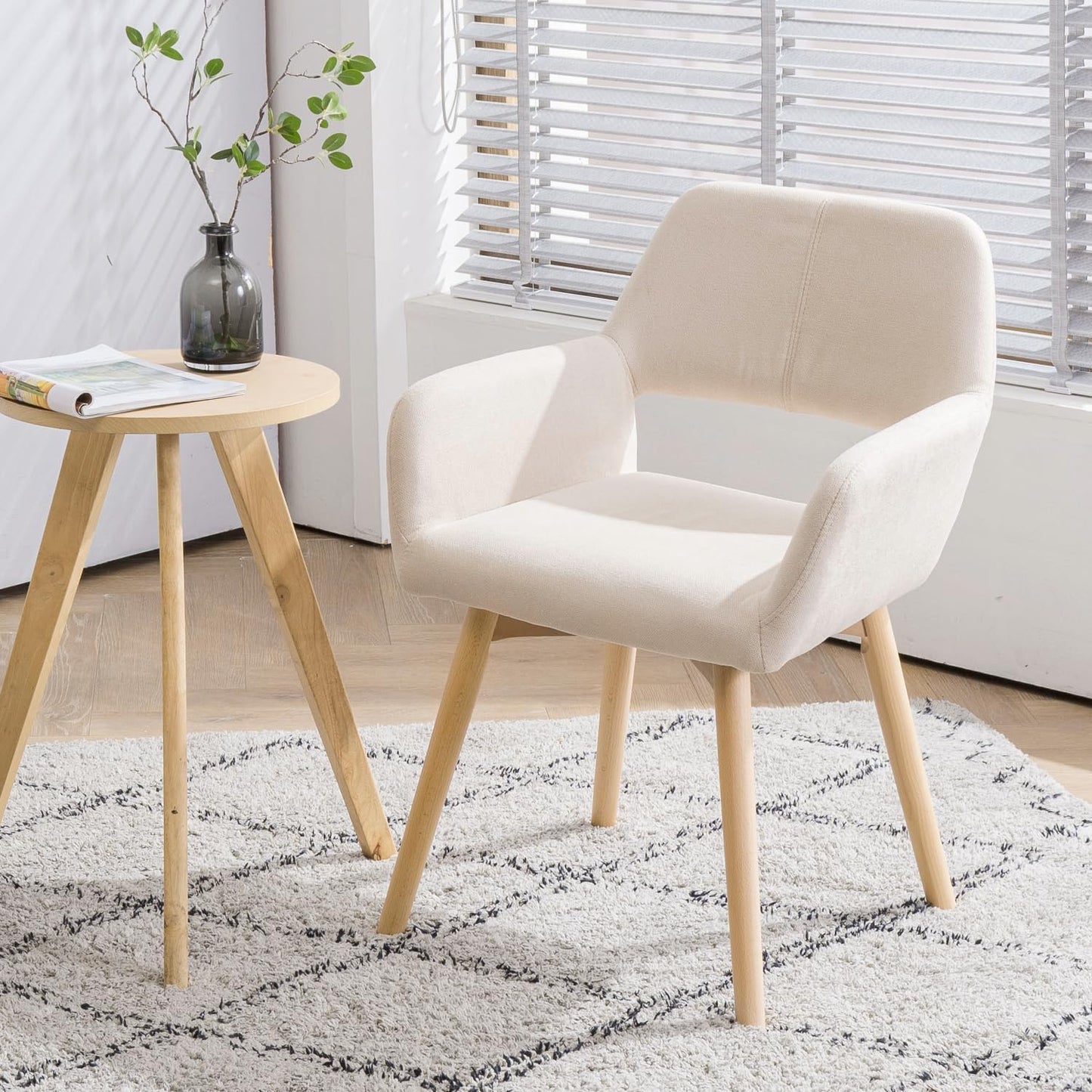 Mid Century Modern Dining Chairs Set of 2 Comfy Accent Chair Upholstered Kitchen Dining Living Room Chairs for Bedrooms Waiting Room Home Arm Desk Chair No Wheels (Beige, 2)