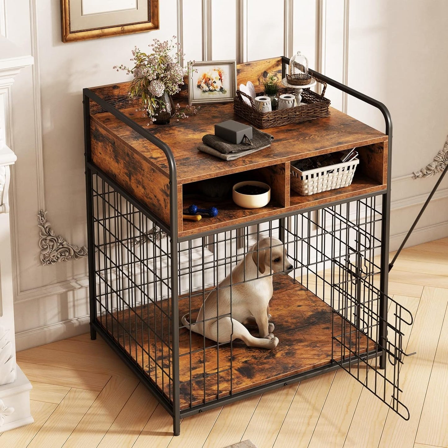 Small Dog Crate Furniture, Puppy Dog Kennel Indoor, Wood Dog Cage Table with Drawers Storage, Heavy Duty Dog Crate, Jaula para Perros, Sturdy Metal, 27.6" L×20.5" W×31.9" H