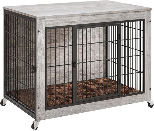 32 Inch Dog Crate Furniture with Cushion, Double Doors Wooden Dog Kennel Cage Indoor with Wheels, Pet House Decorative Side End Table for Small Medium Dogs, Gray