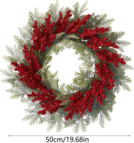 20 Inch Christmas Wreaths for Front Door, Artificial Winter Wreath with Red Berries & Fir Pine, Farmhouse Holiday Decor for Window Porch Wall, All-Season Indoor/Outdoor Christmas Decoration (20‘’)