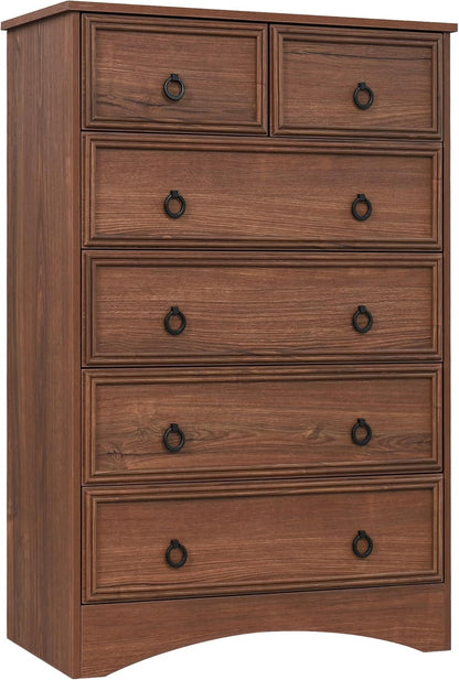 Dresser for Bedroom Tall, Mid Century Modern 6 Drawer Dresser, Cherry Wood Dresser with Large Dresser, Chest of Drawers,Storage for Clothes, Vintage, for Living Room, Bedroom, Hallway