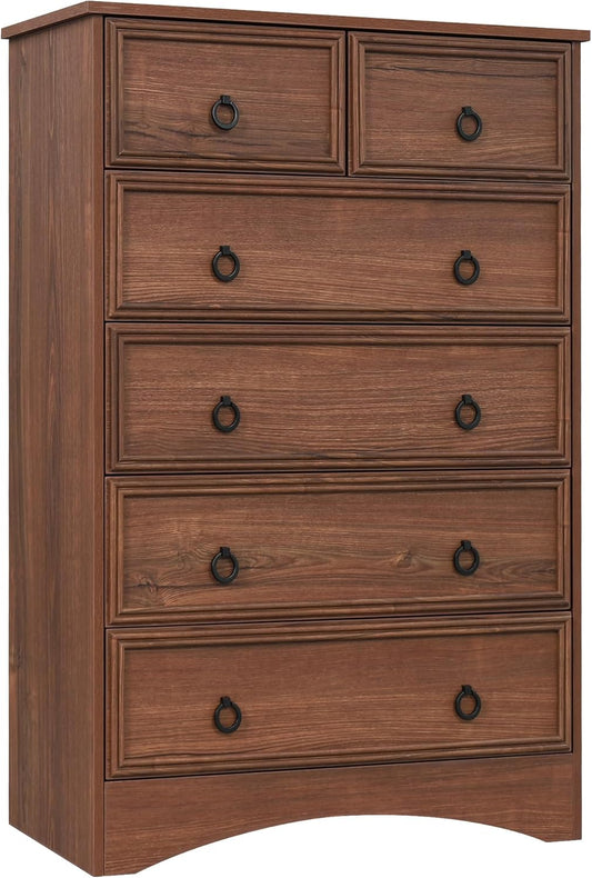 Dresser for Bedroom Tall, Mid Century Modern 6 Drawer Dresser, Cherry Wood Dresser with Large Dresser, Chest of Drawers,Storage for Clothes, Vintage, for Living Room, Bedroom, Hallway