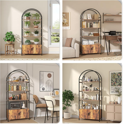 Arched Bookshelf with Doors, 71" Tall Industrial Bookcase with Sturdy Metal Frame, Vintage Display Shelving Unit, Rustic Geometric Book Shelf for Lving Room, Bedroom, Home Office