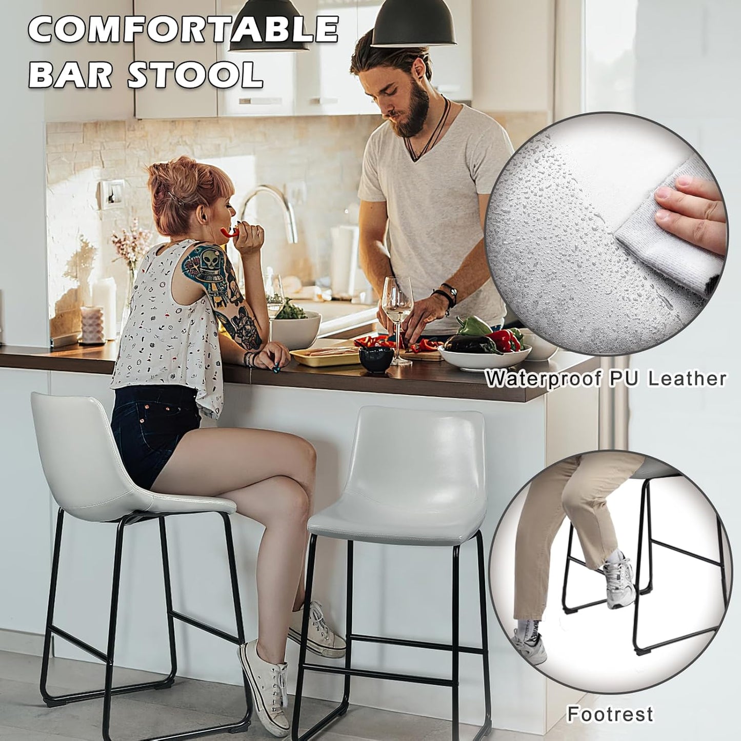 Counter Height Bar Stools Set of 2,Barstools with Back,Faux Leather Counter Stools for Kitchen Island,Modern Bar Chairs with Metal Legs(White, 26")