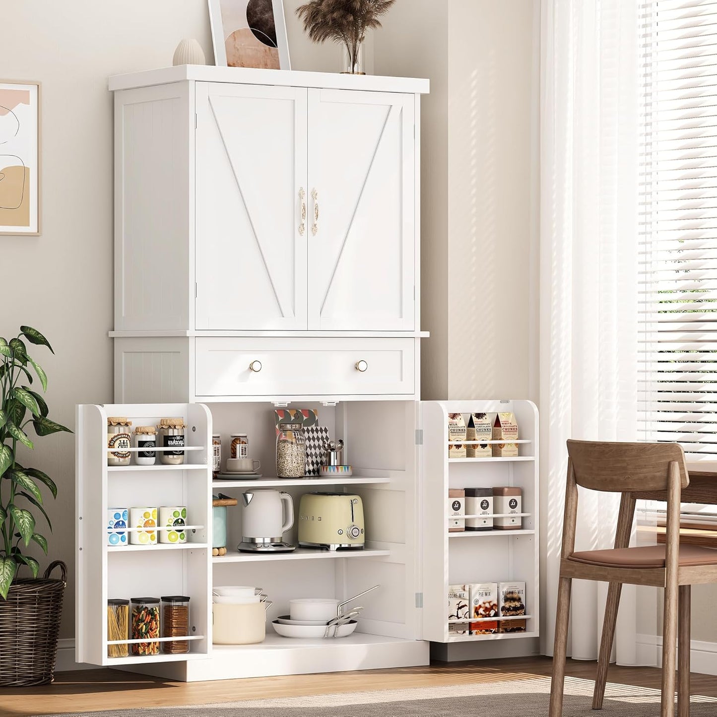 72“ Kitchen Pantry Cabinet White, Tall Pantry Storage Cabinet with Adjustable Shelves and Drawer, Kitchen Buffet Cupboards Sideboard for Home Office Use (16" D x 30" W x 72" H)
