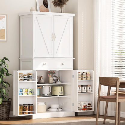 72“ Kitchen Pantry Cabinet White, Tall Pantry Storage Cabinet with Adjustable Shelves and Drawer, Kitchen Buffet Cupboards Sideboard for Home Office Use (16" D x 30" W x 72" H)
