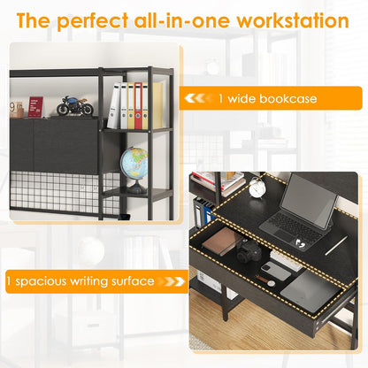 5 Tiers Black Bookshelf with Home Office Desk and RGB Lights and Power Outlet, 71.1" Tall Book Shelf with Drawer & Storage Cabinet & 12 Storage Shelves, Large Bookcase with 2 Doors, Black