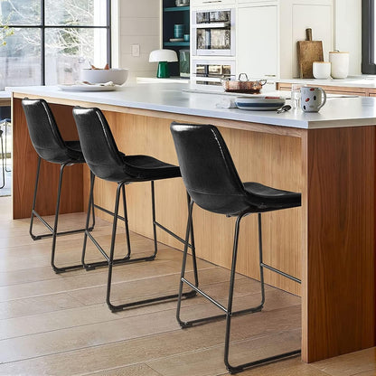 26 inch Bar Stools Set of 4, Modern Counter Height Bar Stools, Faux Leather Barstool with Back and Metal Leg, Armless Bar Chairs for Kitchen Island (Black, 4pcs 26")