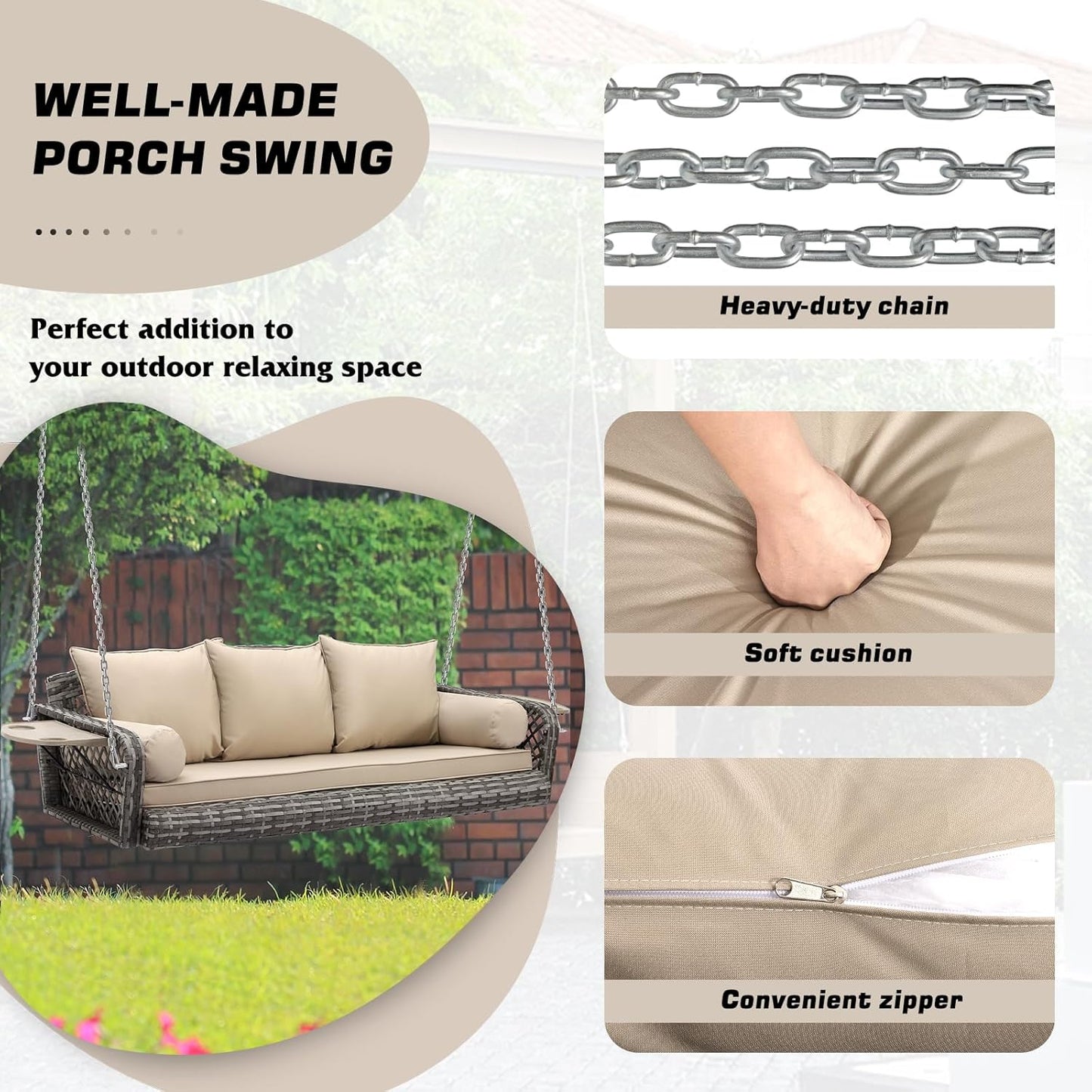 3 Person Porch Swing Patio Wicker Hanging Porch Swing Chair Outdoor Rattan Swing Bench with Cushion and Pillow for Garden, Yard, Lawn (Gray Rattan Khaki Cushion)