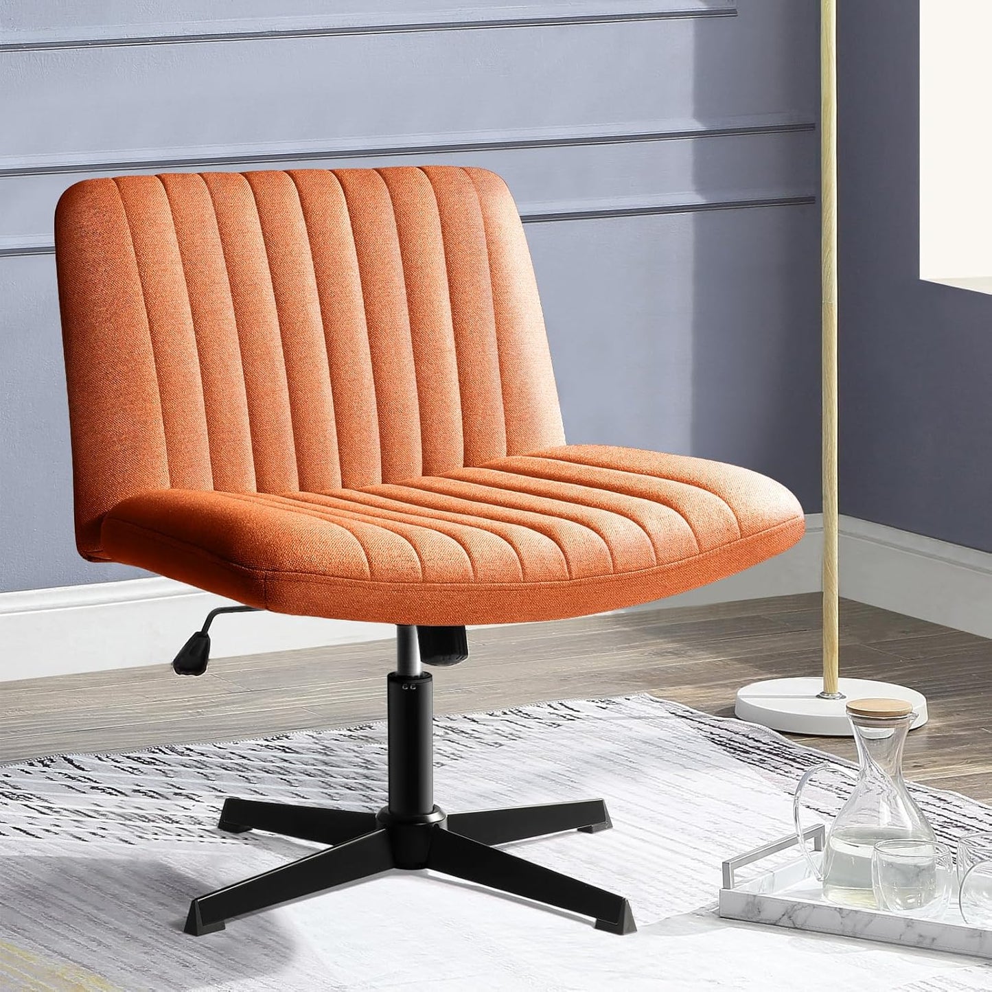Criss Cross Chair Armless Cross Legged Office Desk Chair No Wheels Fabric Padded Modern Swivel Height Adjustable Mid Back Wide Seat Computer Task Vanity Chair for Home Office