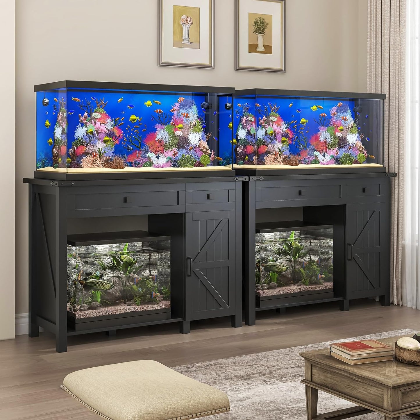 40 Gallon Aquarium Stand With Charging Station, Farmhouse Fish Tank Stand, Reptile Tank Stand Terrarium Stand with Drawer and Cabinet Storage, Sturdy Heavy Duty 41.9"×18.3" Tabletop - Black