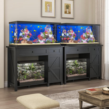 40 Gallon Aquarium Stand With Charging Station, Farmhouse Fish Tank Stand, Reptile Tank Stand Terrarium Stand with Drawer and Cabinet Storage, Sturdy Heavy Duty 41.9"×18.3" Tabletop - Black
