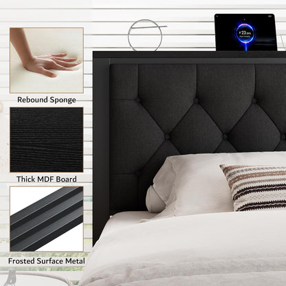 King Bed Frame with 2 Storage Drawers, Linen Upholstered Headboard Platform Bed with Charging Station, No Box Spring Needed, Metal Slats Support, Noise-Free, Easy Assembly, Black