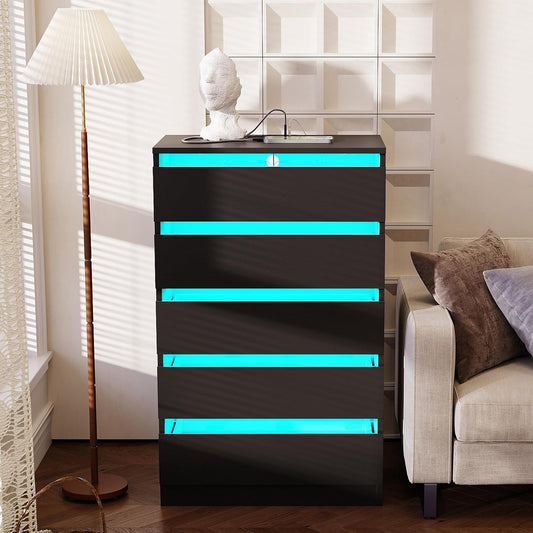 5 Drawer Tall Dresser with Power Outlets & LED Lights, Black Dresser with Embedded Handle, Modern Wood Dresser for Bedroom, Living Room, Hallway