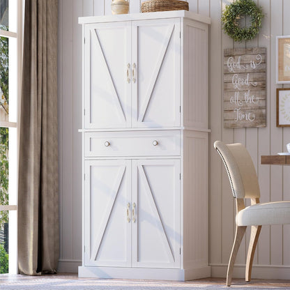 72“ Kitchen Pantry Cabinet White, Tall Pantry Storage Cabinet with Adjustable Shelves and Drawer, Kitchen Buffet Cupboards Sideboard for Home Office Use (16" D x 30" W x 72" H)