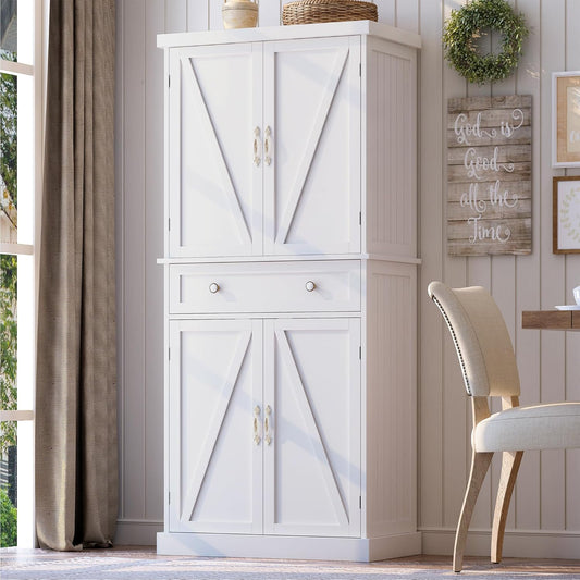 72“ Kitchen Pantry Cabinet White, Tall Pantry Storage Cabinet with Adjustable Shelves and Drawer, Kitchen Buffet Cupboards Sideboard for Home Office Use (16" D x 30" W x 72" H)
